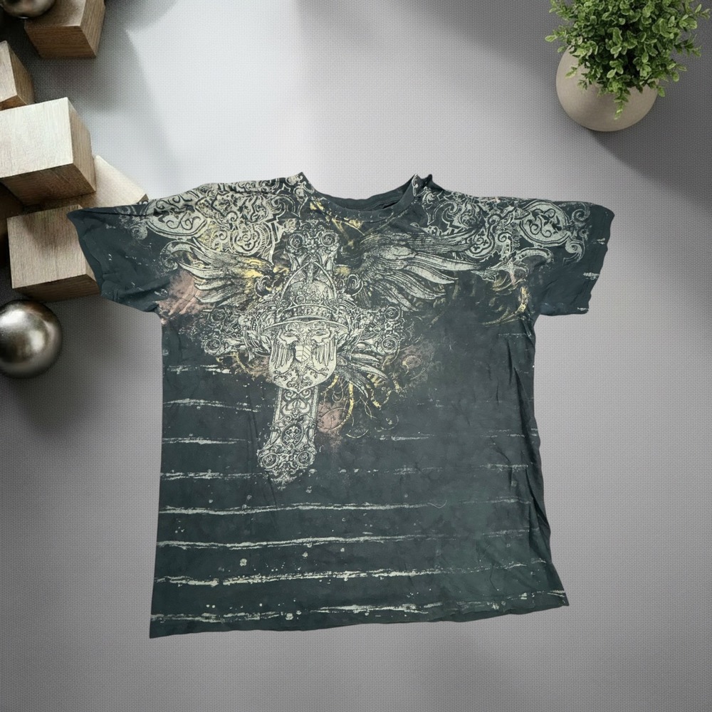 Vintage Y2K Graphic Tee XL Black Grunge Skater Cross Wings All Over Print Shirt